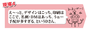 え～っと、デザインはこっち、印刷はここで、名刺・DMはあっち。。。うぉー手配が多すぎる。というDさん。